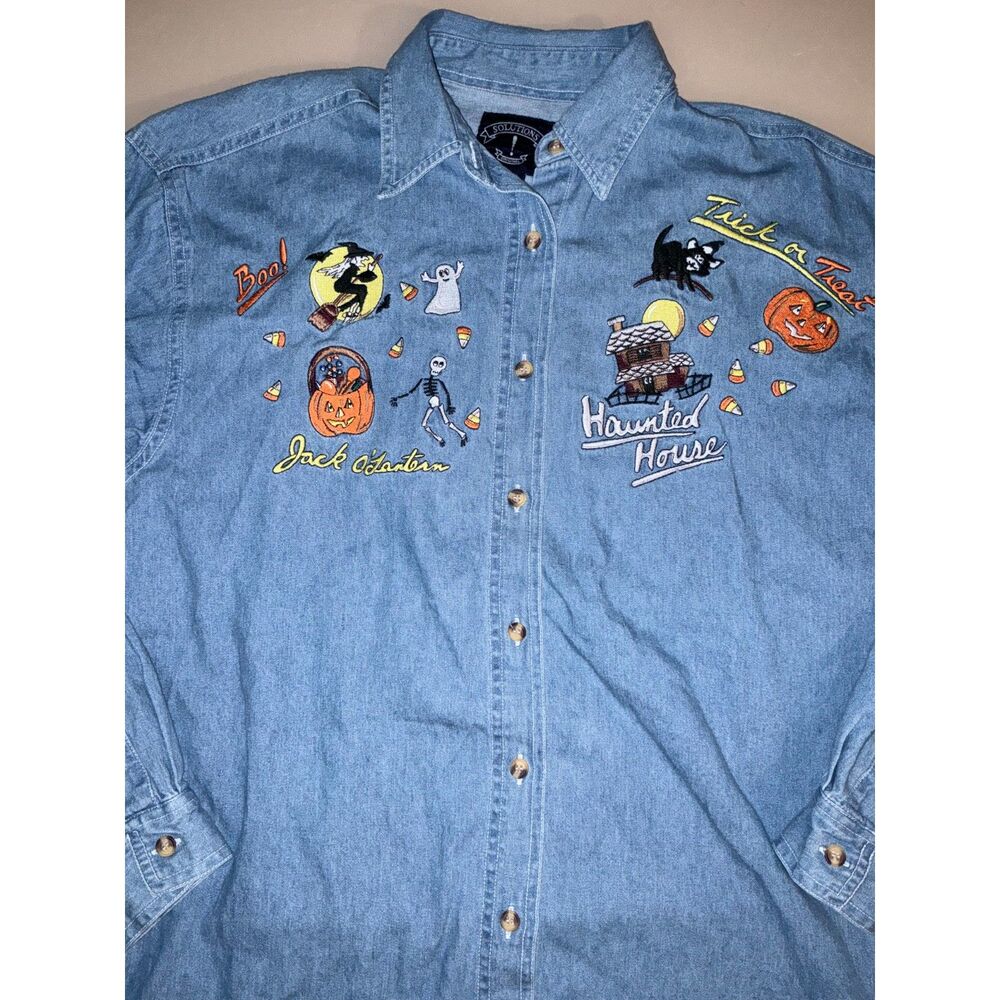 Sz M '90s Solutions Originals 100% Cotton Halloween Button-Down Pumpkin Ghost